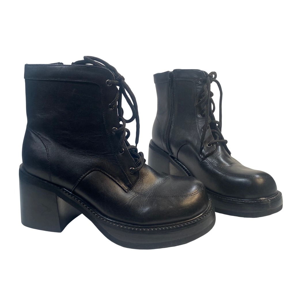Peerage Leather Platform Combat Boots Women 8.5 WW Black Chunky Heel Goth Grunge